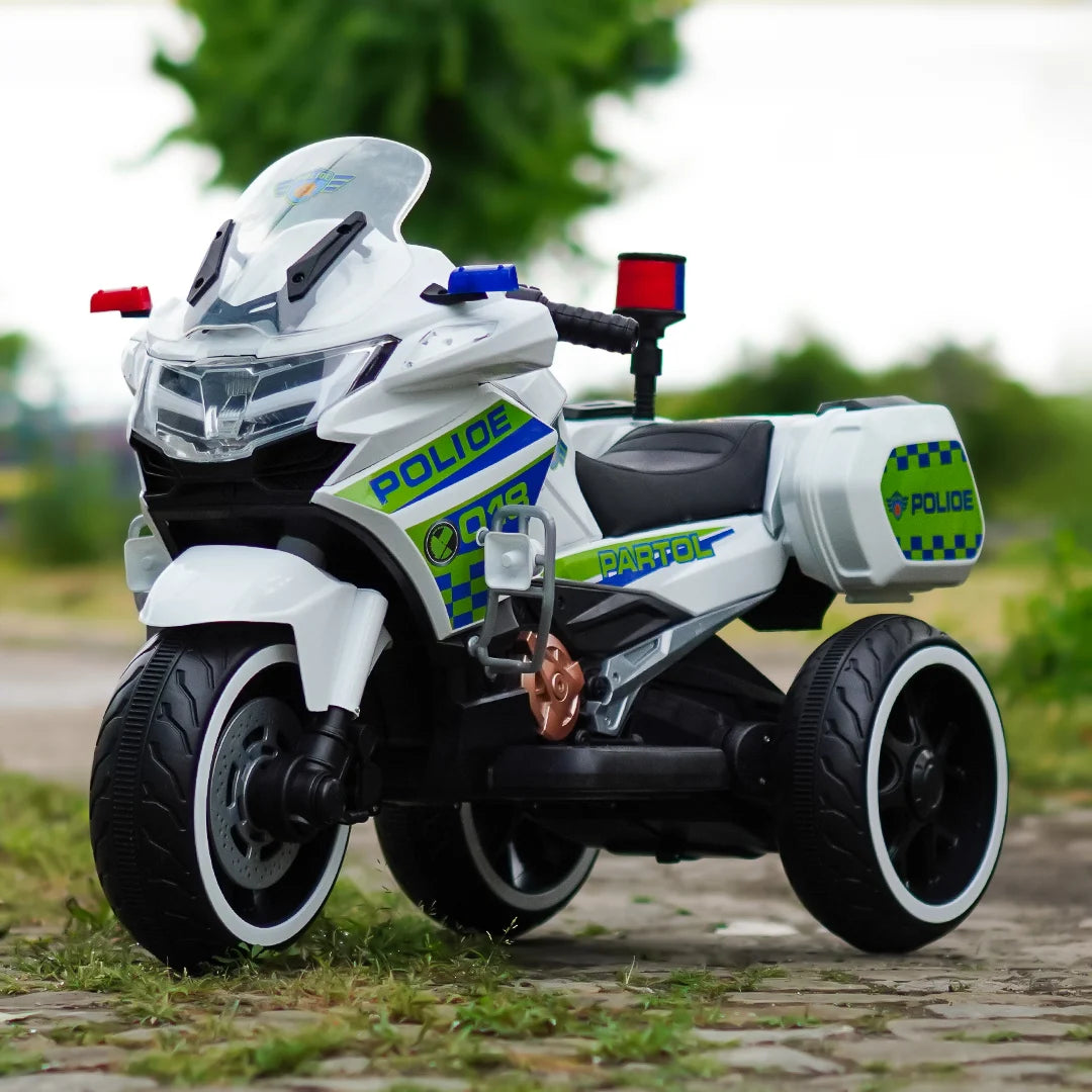 Electric ride-on Police motorcycle for children, BJML5188, 60W, 12V, leather seat, white - DERAKBIKES