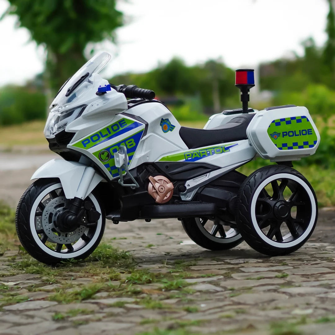 Electric ride-on Police motorcycle for children, BJML5188, 60W, 12V, leather seat, white - DERAKBIKES