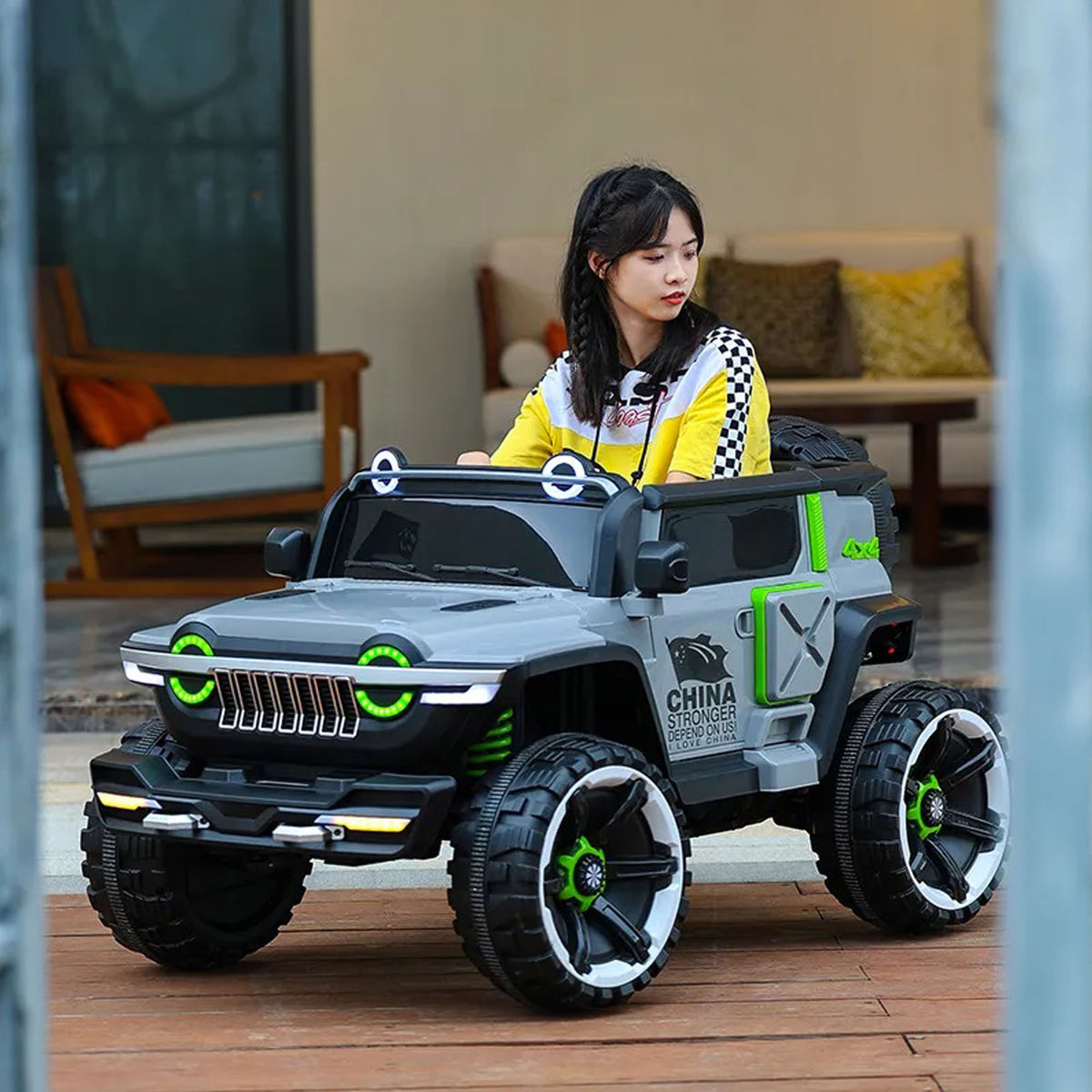 Ride On Kids Car 2 Seater 4x4 Super Jeep WN-1166 ,12V 10A Leather Seat Eva Tire - DERAKBIKES