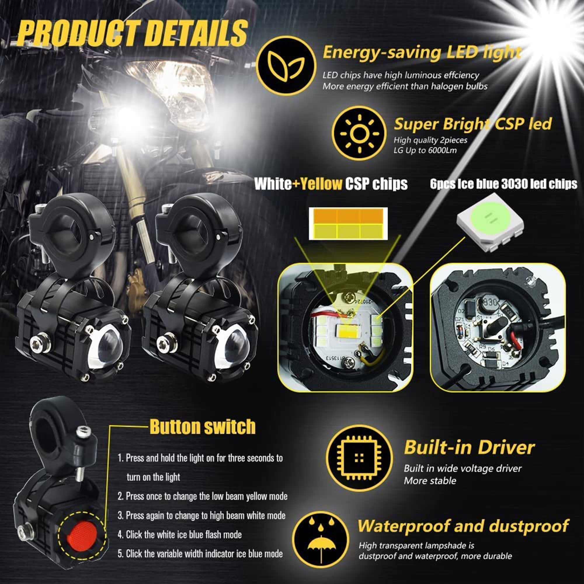 LED Fog Driving Lights,4 Fuctions 3 Colors All-in-One,White/High Beam,Amerb/Low Beam,Ice Blue/DRL,Strobe/Warning Spot Light